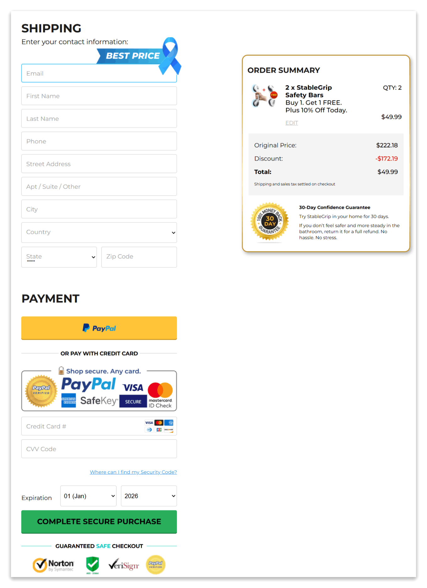StableGrip secure checkout page